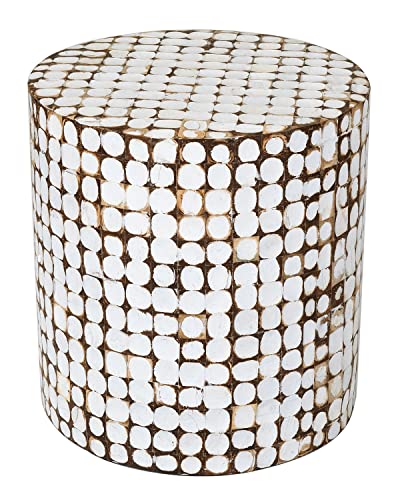East at Main Round Side Table - Real Coconut Shell Mosaic Inlaid, Pre-Assembled, Natural Wood and Patina Finish (White)