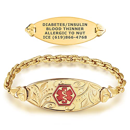 Divoti Custom Engraved Medical Alert Bracelets for Women, Stainless Steel Medical Bracelet, Medical ID Bracelet w/Free Engraving – PVD Gold Lovely Filigree Tag w/PVD Gold Rope-TP Red-8.0'