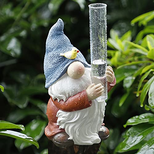 FORUP Resin Gnome Rain Gauges, Resin Gnome Garden Statue with a Plastic Rain Gauge, Hand Painted Gnome Sculpture Water Gauge for Rain