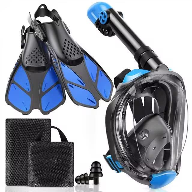 Viginsul Mask Fins Snorkeling Gear for Adults, Full Face Snorkel Mask & Adjustable Swim Fins Snorkel Set, Panoramic View Snorkel Mask Dry Top System Anti-Fog Anti-Leak