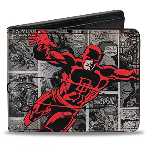 Buckle-Down Men's PU Bifold Wallet-Daredevil Action Pose + Price Box/Comic Panels Grays/Red, Multicolor, 4.0' x 3.5'