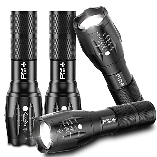 PeakPlus LED Flashlights High Lumens, Tactical Flash Lights [4 Pack] - Super Bright Waterproof Zoomable 5 Modes - Powerful Handheld Flashlights for Emergencies, Camping, Outdoor, Dog Walking