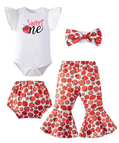 WENSIVIA Baby Girls First Birthday Outfits Sweet One Strawberry Romper Flared Pants with Headband 4PCS Set（Strawberry,12-18 Months
