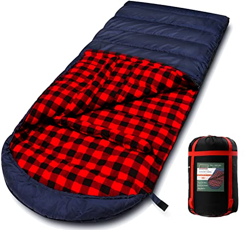 PALLYGO 0 Degree Sleeping Bag Cotton Flannel Sleeping Bags for Adults Cold Weather Camping Winter Zero Degree Warm Weather Big and Tall Right Zip