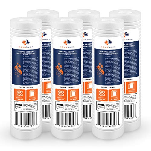 Aquaboon 10'x2.5' Grooved Sediment Water Filter Cartridge - Universal Whole House Water Filter - 1 Micron Water Filter Cartridge Replacement Compatible with AP110, whkf-gd05, SGC-25-1001, RS14, 6-Pack