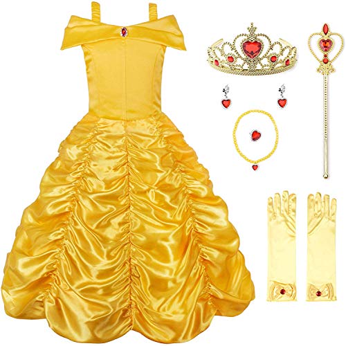 JerrisApparel Princess Dress Off Shoulder Layered Costume for Little Girl (6 Years, Yellow with Accessories)