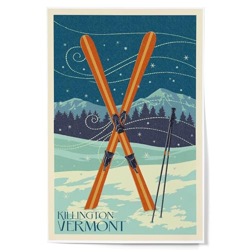 Lantern Press 12x18 Inch Art Print Wall Decor, Killington, Vermont, Crossed Skis, Letterpress