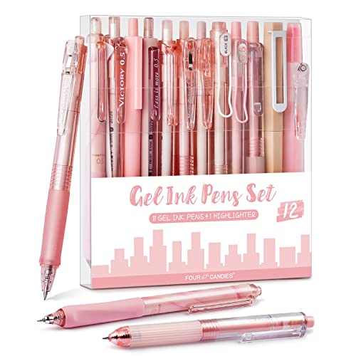 FourCandies 12Pack Pastel Gel Ink Pen Set, Cute Note Taking 0.5mm Fine Point Retractable 11 Pack Black Ink Pens with 1Pack Highlighter for Writing, School, Office (Pink)