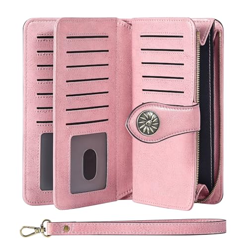 Travelambo Womens Wallet RFID Blocking Large Capacity Clutch Leather Wristlet Long Purse Multi Card Organizer(Pink)