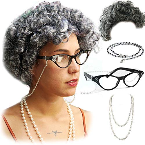 Vibe Old Lady Wig Cosplay Set, Gray Hair Granny Wig with Pearl Necklace, Glasses, Glass Chain Accessories, 5 Pieces Total … (Gray Curly)
