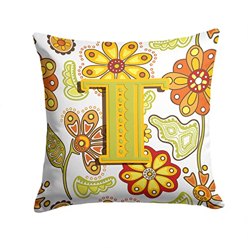 Caroline's Treasures CJ2003-TPW1414 Letter T Floral Mustard and Green Fabric Decorative Pillow 100% Machine Washable Pillow, Indoor or Outdoor Decorative Throw Pillow for Couch, Bed or Patio