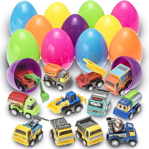 PREXTEX Toy Filled Easter Eggs with Pull-Back Construction & Engineering Vehicles (12 Pack) – Plastic Easter Eggs with Toys Inside, Large Easter Eggs Birthday Party Favors - Easter Toys