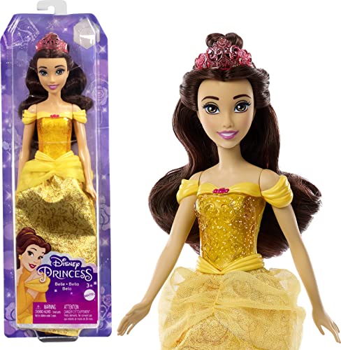 Mattel Disney Princess Belle Fashion Doll, Sparkling Look with Brown Hair, Brown Eyes & Tiara Accessory