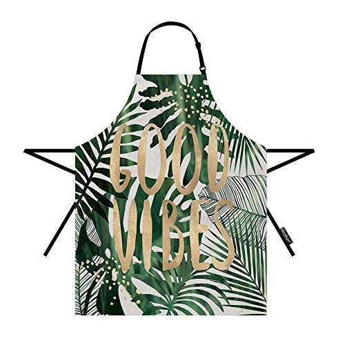 Moslion Palm Leaf Apron 31x27 Inch Hawaii Tropical Jungle Tree Leaves Good Vibes Word Kitchen Chef Waitress Cook Aprons Bib with Adjustable Neck for Women Men Girls Green