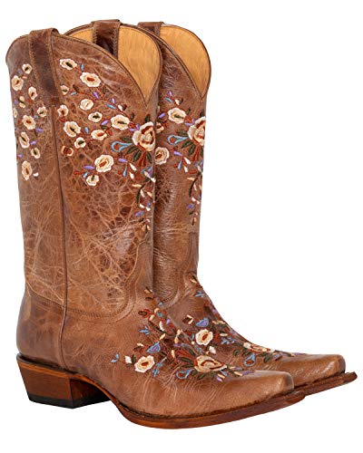 Shyanne Women's Maisie Floral Embroidered Cowboy Leather Boot Snip Toe Brown