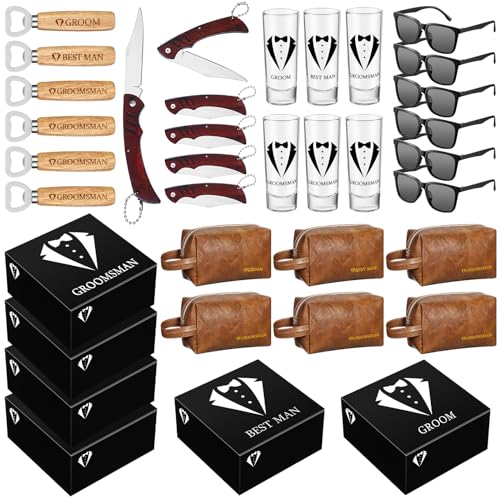 Yungyan 36 Pieces Groomsmen Gifts Set of 6, Groomsmen Proposal Box with Shot Glasses Sunglasses PU Leather Toiletry Bag Wood Folding Knife Bottle Opener Groomsmen Gift for Wedding Groomsmen