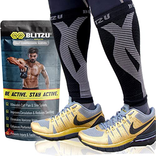 BLITZU Calf Brace for Women Men, Calf and Shin Supports and Pain Relief Black S-M