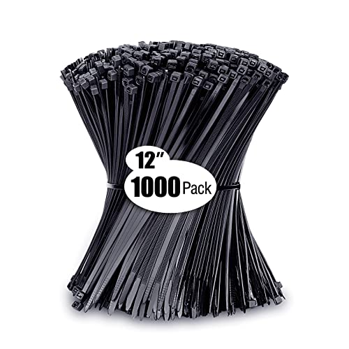 Zip Ties 12 inch (1000 Pack), Black, 50lbs Tensile Strength, UV Resistant Cable Ties for indoor and outdoor by Karoka