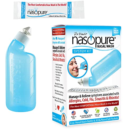 Nasopure Nasal Wash, System Kit, “The Nicer Neti Pot” Sinus Wash Kit, Comfortable Nasal Rinse 8 Oz Bottle & 20 Salt Packets (3.75 Grams Each), Nasal Congestion, Cold, Flu, Allergy, Nasal Irrigation