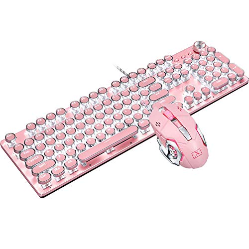 Basaltech Mechanical Gaming Keyboard and Mouse Combo, Retro Steampunk Vintage Typewriter-Style Keyboard with LED Backlit, 104-Key Anti-Ghosting Blue Switch Wired USB Metal Panel Round Keycaps, Pink