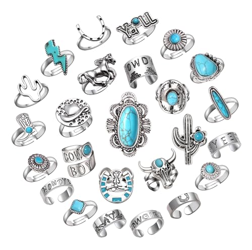 25Pcs Vintage Silver Knuckle Rings Set for Women Men, Western Cowgirl Cowboy Stackable Joint Finger Rings Open Stackable Midi Rings Retro Carved Stone Stacking Midi Adjustable Rings Bohemian Turquoise Boots Cactus Cow Head Rings Pack