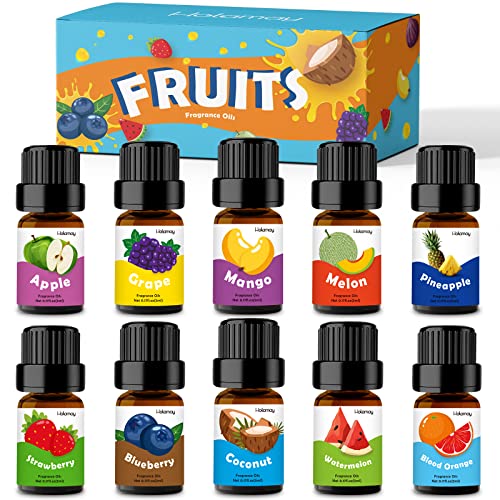 Fruity Fragrance Oil for Candle & Soap Making, Holamay Premium Essential Oils 5ml x 10 - Coconut, Strawberry, Mango, Pineapple, Summer Aromatherapy Diffuser Oils Set