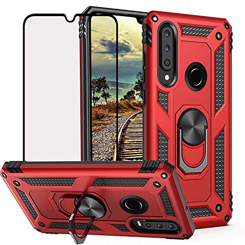 DuoLide for Huawei P30 Lite Case with Tempered Glass Screen Protector,Hybrid Heavy Duty Dual Layer Anti-Scratch Shockproof Defender Kickstand Armor Case Cover, Red