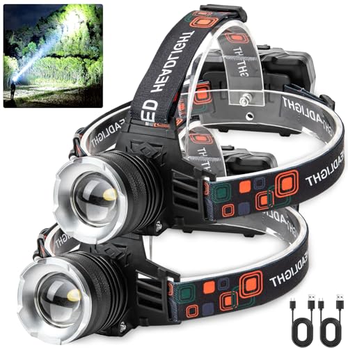 NJ FOREVER LED Rechargeable Headlamp, 900000 Lumens Super Bright Head Lamp with 5 Modes, 90°Adjustable, USB Rechargeable, Waterproof LED Headlamps for Adults Camping, Hiking, Climbing (2 Pack)