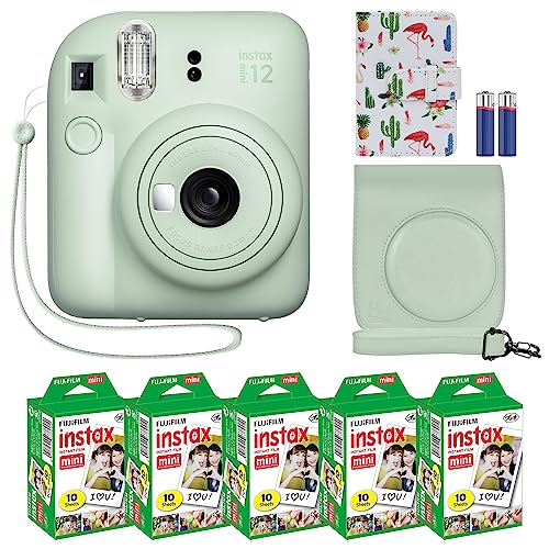 Fujifilm Instax Mini 12 Instant Camera Mint Green + MiniMate Accessory Bundle & Compatible Custom Case + Fuji Instax Film Value Pack (50 Sheets) Flamingo Designer Photo Album