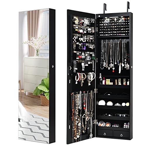COSTWAY Hanging Jewelry Holder Organizer, Wall Door Mounted Jewelry Armoire with Full Length Mirror & 2 LED Lights, Large Storage Capacity, Lockable Mirror Jewelry Cabinet for Women Girls (Black)
