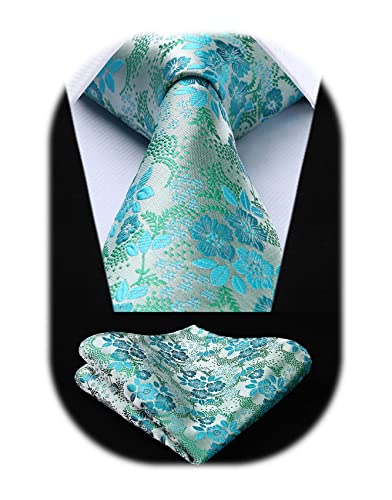 HISDERN Men Aqua Floral Ties Woven Classic 3.4' Necktie Set Formal tie Pocket Suqare for Wedding Business with Handkerchief Gift Box