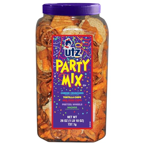 Utz Party Mix - 26 Ounce Barrel - Tasty Snack Mix Includes Corn/Nacho Tortillas, Pretzels, BBQ Corn Chips and Cheese Curls, Easy and Quick Party Snacks, Cholesterol Free and Trans-Fat Free