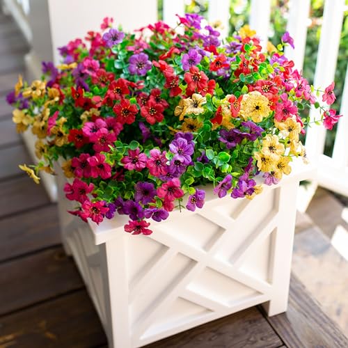Artificial Fake Plants Flowers for Outdoor Outside Spring Decoration, 12 Bundles Faux Silk Colorful Mix Daisy UV Resistant Realistic for Porch Patio Home Window Box Yard Garden Planter