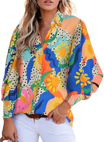 Astylish Boho Tops for Women 2024 Collar Puff Sleeve Blouse Summer V-Neck Paisley Oversized Button Down Shirt Dressy Orange Medium