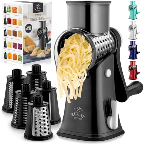 Zulay Rotary Cheese Grater 5 Blade Cheese Shredder - Manual Hand Crank Cheese Grater With Reinforced Suction & 5 Interchangeable Drums - Easy to Use, Vegetable Chopper Round Mandoline Slicer - Black