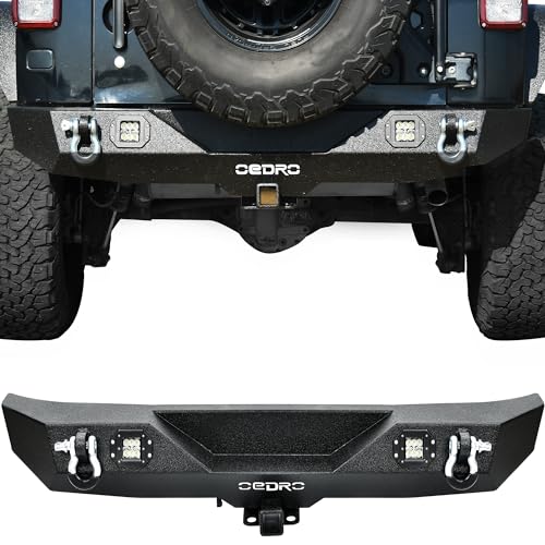 OEDRO Rear Bumper Combo Compatible for 07-18 Jeep Wrangler JK & Unlimited with 2' Hitch Receiver & 2 D-ring & 2x Square LED Lights, Star Guardian Design, Upgraded Textured Black Rock Crawler Off Road