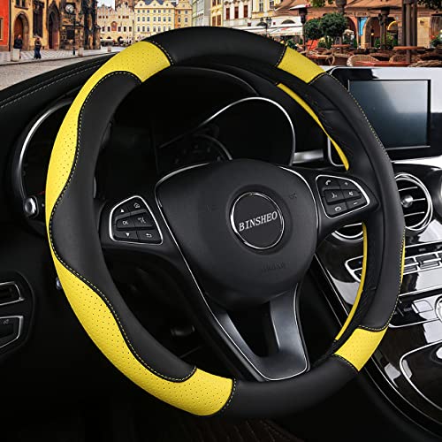 Binsheo Leather Steering Wheel Cover, Breathable, Anti Slip & Odor Free, Black and Yellow