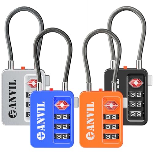 ANVIL TSA Locks for Luggage with Search Alert: Durable Cable Combination Locks, TSA Approved - Secure Travel Locks for Suitcases, Backpacks & Gun Cases (4 Colors)