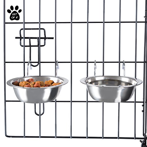 Set of 2 Stainless-Steel Dog Bowls - Cage, Kennel, and Crate Hanging Pet Bowls for Food and Water - 8oz Each and Dishwasher Safe by PETMAKER, Silver