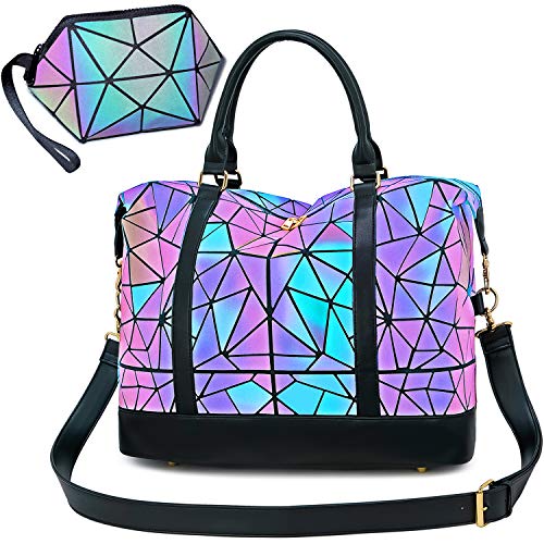 CAMTOP Geometric Luminous Travel Weekender Bag with Makeup Bag Carry On Tote Overnight Duffel for Women Ladies(2 Pcs,Purple)