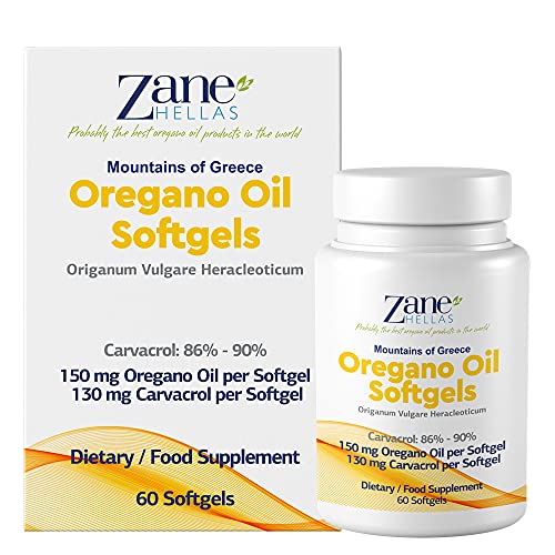 130 mg Carvacrol - 150 mg Oregano Oil per Softgel. World Highest Concentration Oregano Oil Capsule. Zane Hellas Oregano Oil. Softgel Contains 30% Greek Essential Oil of Oregano. 60 Softgels.