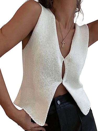 Women Y2k Crochet Vest Top Vintage Solid Color V Neck Sleeveless Button Down Crop Tops Streetwear (A White, S)