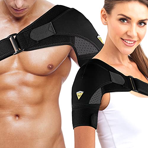 Shoulder Brace for Women & Men | Support for Torn Rotator Cuff & Other Shoulder Injury - Ac Joint, Dislocated, Separated, Frozen Shoulder | Neoprene Compression Wrap | by FIGHTECH (BLK, S-M)
