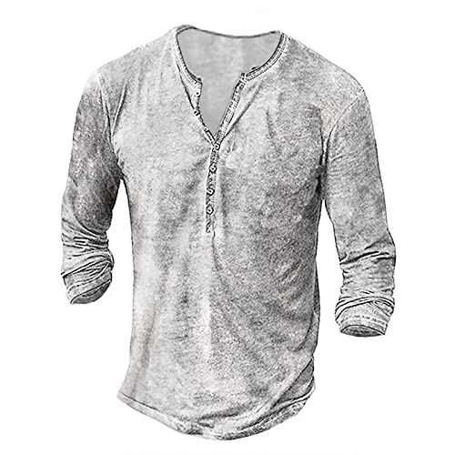 Men's Skull Graphic Loose T-Shirt Y2K Long Sleeve Henley Shirts Goth Quarter-Button Tops Vintage Streetwear