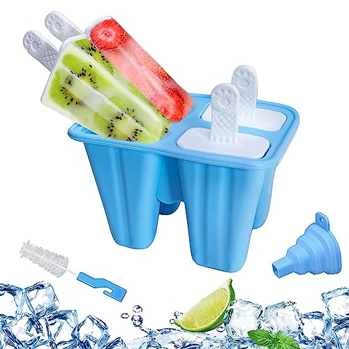 Silicone Popsicle Molds DIY Ice Pop Mold for Kids Adult Teens, 4-cavity Ice Cream Molds Maker for Party Yogurt Juice Smoothies Sticks (Blue)