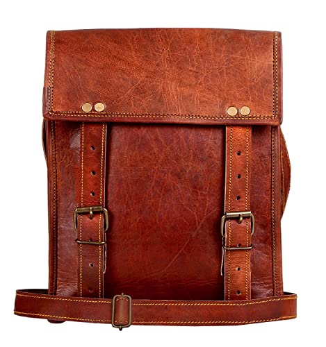 RUSTIC TOWN Leather Satchel iPad Tablet Bag - Leather Saddle Bag Purse - Small iPad (Upto 10.5-inch) Shoulder Bag for Men and Women (11 inches, Brown)