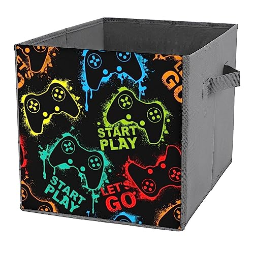 DamTma Colorful Video Game Storage Cubes Bin Fabric Foldable Joystick Gamepad Neon Storage Box Organizer Storage Boxes with Handles for Clothing Toys Game Controller Storage 11 Inch