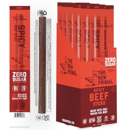 The New Primal Grass-Fed Beef Sticks, Keto & Gluten Free Healthy Snacks for Adults, Sugar Free Low Carb High Protein Snack, Paleo Whole30 Jerky Beef Sticks (Spicy Beef - 20 Count)