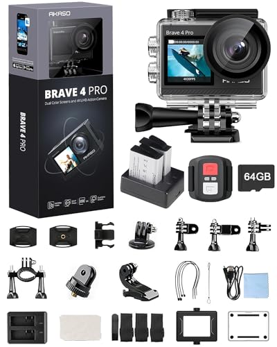 AKASO Action Camera Bundle with Brave 4 Pro 4K30fps Sports Camera, 64GB MicroSD U3 Card, Remote Control, Waterproof Case, 2x1350mAh Batteries, Charger and Other Accessories