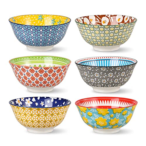 Porcelain Soup Cereal Bowls Set - Ceramic Bowls for Kitchen 23 oz - 6 Colorful Patterned Cute Bowl Sets - 6 Inch Deep Bowls for Oatmeal | Oat | Noodle | Breakfast - Dishwasher and Microwave Safe